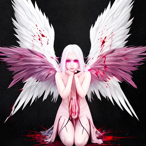  angel with black wings with blood, pink eyes and white hair, seeing infinity