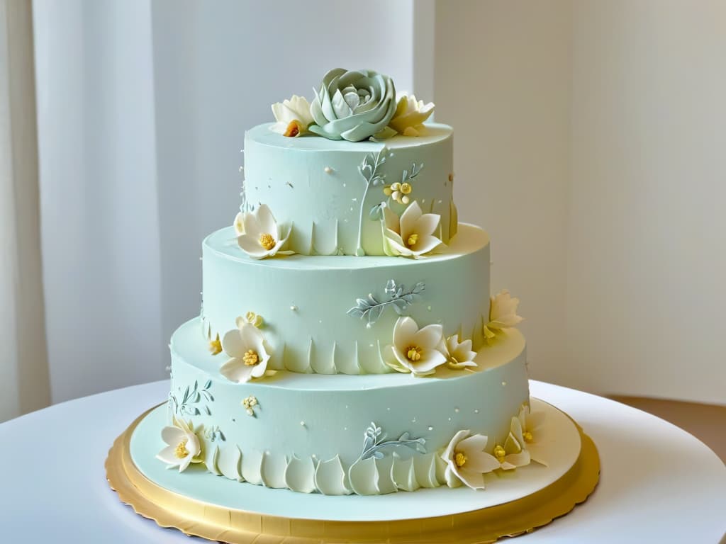  A photorealistic image featuring a closeup shot of a beautifully intricate threetiered wedding cake. The cake is adorned with delicate sugar flowers in soft pastel colors, intricate piping details, and shimmering edible gold leaf accents. The background is softly blurred to bring the intricate details of the cake into focus, showcasing the artistry and craftsmanship of classic pastry baking. hyperrealistic, full body, detailed clothing, highly detailed, cinematic lighting, stunningly beautiful, intricate, sharp focus, f/1. 8, 85mm, (centered image composition), (professionally color graded), ((bright soft diffused light)), volumetric fog, trending on instagram, trending on tumblr, HDR 4K, 8K