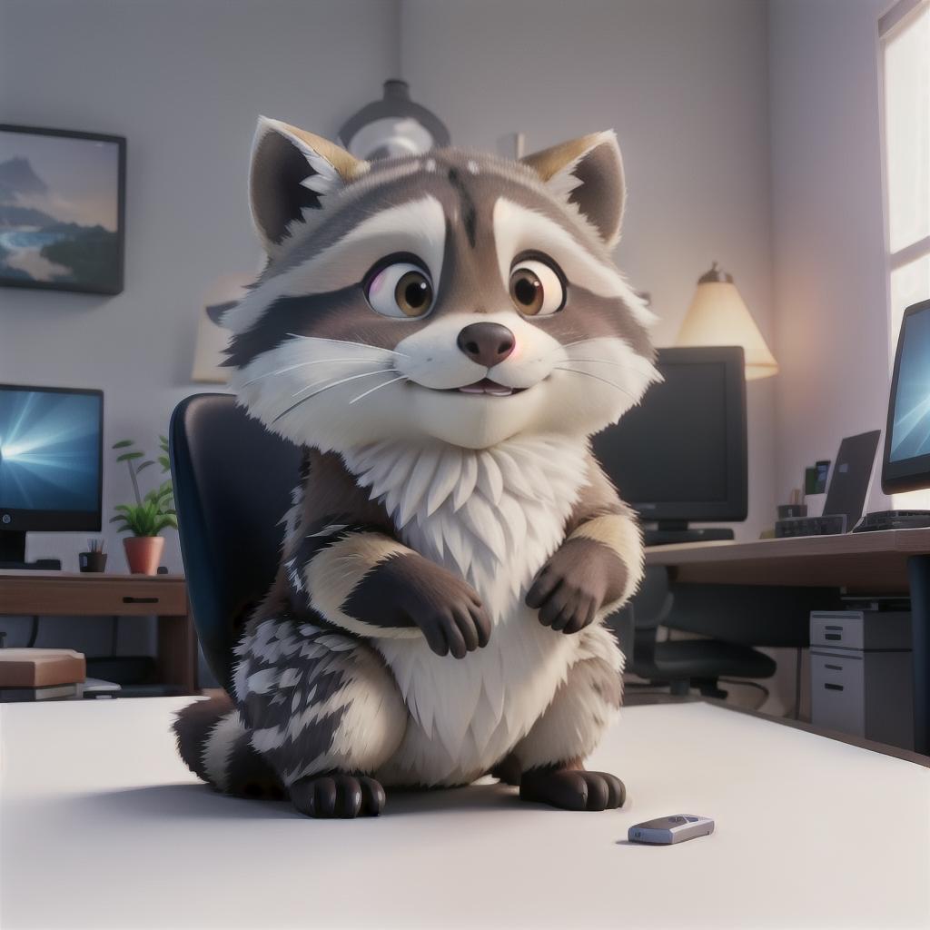  raccoon sitting in gaming chair front a computer on desktop, ((semi anthropomorphic)),(full body), tail, belly, sitting, fat, (chubby), (((white background))), solo, desktop, gaming chair, side view,  [[[clothes]]] hyperrealistic, full body, detailed clothing, highly detailed, cinematic lighting, stunningly beautiful, intricate, sharp focus, f/1. 8, 85mm, (centered image composition), (professionally color graded), ((bright soft diffused light)), volumetric fog, trending on instagram, trending on tumblr, HDR 4K, 8K