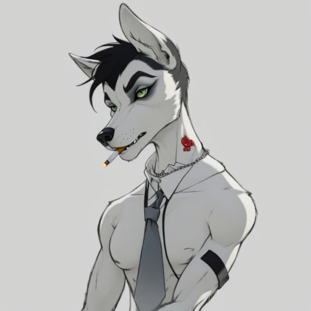  A white anthropomorphic wolf with black rims, black hair, and an earring in his ear, holding a cigarette in his teeth., hkmagic hyperrealistic, full body, detailed clothing, highly detailed, cinematic lighting, stunningly beautiful, intricate, sharp focus, f/1. 8, 85mm, (centered image composition), (professionally color graded), ((bright soft diffused light)), volumetric fog, trending on instagram, trending on tumblr, HDR 4K, 8K