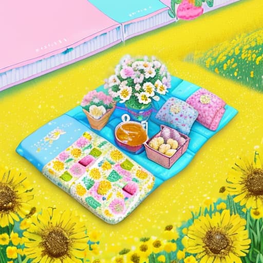  Ice cream showing the brand "Honey Snow Ice City" container on a picnic blanket in canola flowersfield, dotted with oversized, colorful flowers, pastelhues,,