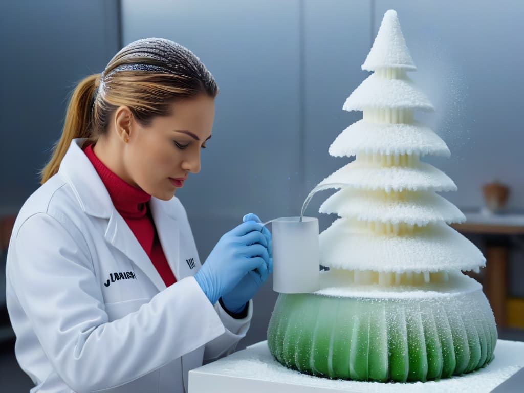  An ultradetailed, 8k resolution image of a skilled sugar artist delicately sculpting a intricate sugar sculpture under different climate conditions. The artist is focused, with beads of sweat visible on their brow in a hot environment, while delicate frost forms on the sculpture in a cold setting. The minimalistic background showcases only the essential tools and ingredients used in sugar sculpting, emphasizing the impact of climate and temperature on this delicate art form. hyperrealistic, full body, detailed clothing, highly detailed, cinematic lighting, stunningly beautiful, intricate, sharp focus, f/1. 8, 85mm, (centered image composition), (professionally color graded), ((bright soft diffused light)), volumetric fog, trending on instagram, trending on tumblr, HDR 4K, 8K