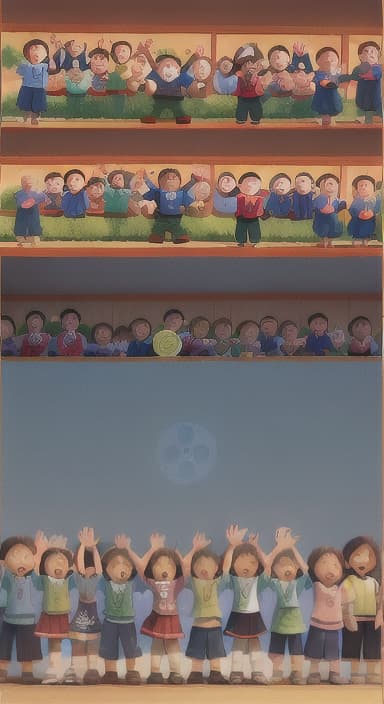  {A heartwarming scene of all the children waving goodbye with happy expressions., Children waving with wide smiles, looking grateful and content.