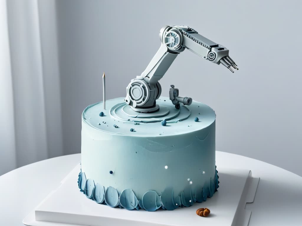  A highresolution image of a sleek, modern robotic arm delicately piping intricate frosting designs onto a beautifully crafted artisanal cake. The robotic arm is shown in a clean, minimalist design, with precise movements and intricate details on the cake showcasing the fusion of technology and traditional pastry craftsmanship. The overall aesthetic is professional and inspiring, appealing to small pastry businesses looking to incorporate robotic technology into their artisanal creations. hyperrealistic, full body, detailed clothing, highly detailed, cinematic lighting, stunningly beautiful, intricate, sharp focus, f/1. 8, 85mm, (centered image composition), (professionally color graded), ((bright soft diffused light)), volumetric fog, trending on instagram, trending on tumblr, HDR 4K, 8K