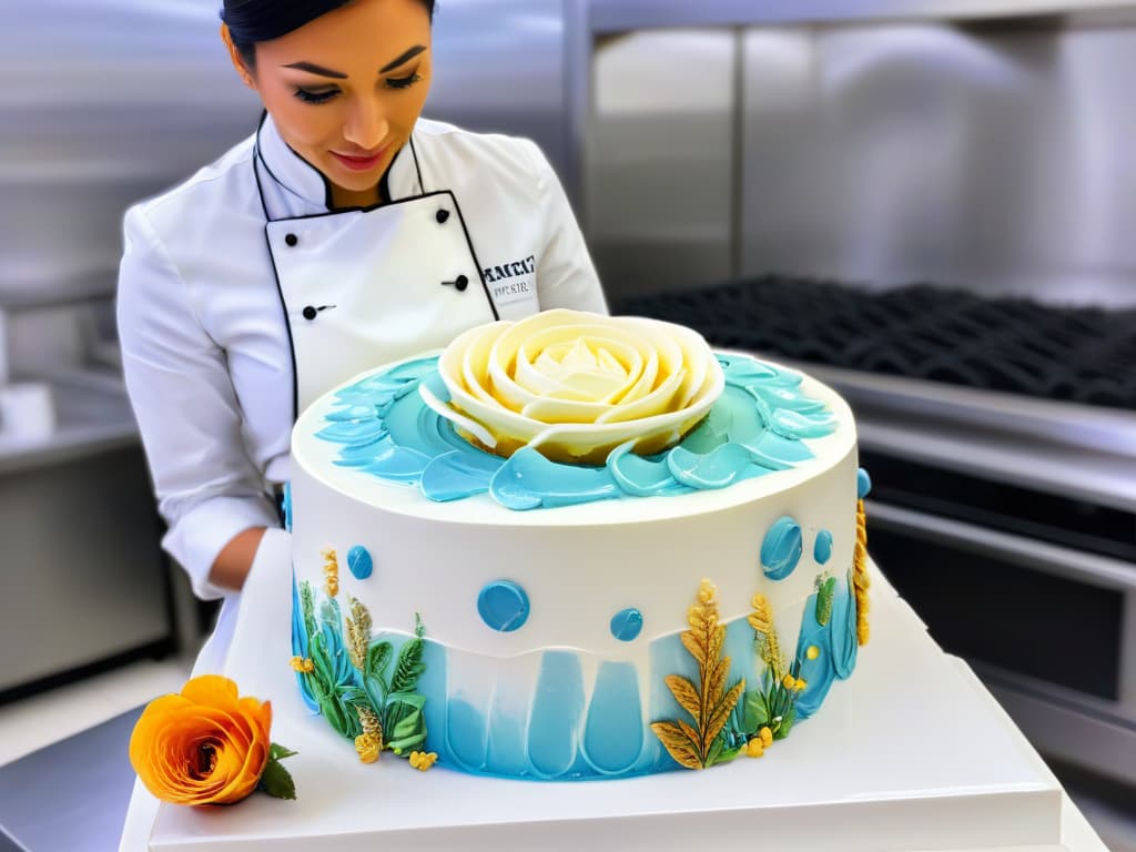  A photorealistic image of a professional pastry chef wearing a crisp white uniform, meticulously piping delicate swirls of colorful augmented reality frosting onto a stunning multitiered wedding cake. The chef's focused expression and expert technique are highlighted, with the AR elements seamlessly blending into the realworld confectionary masterpiece. The background showcases a sleek, modern kitchen filled with hightech baking equipment, enhancing the immersive learning experience of augmented reality pastry courses. hyperrealistic, full body, detailed clothing, highly detailed, cinematic lighting, stunningly beautiful, intricate, sharp focus, f/1. 8, 85mm, (centered image composition), (professionally color graded), ((bright soft diffused light)), volumetric fog, trending on instagram, trending on tumblr, HDR 4K, 8K