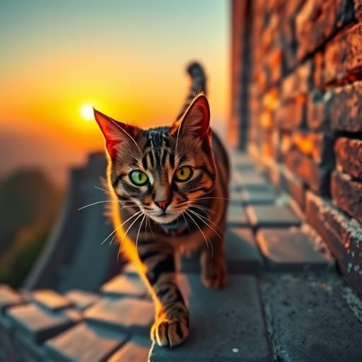  as the sun sets over the ancient stone structure, casting a warm glow on the rugged surface, hemule, the anthropomorphic tabby cat with fierce green eyes, fearlessly scales the majestic great wall of china. his sleek fur ripples in the wind, accentuating his rebellious aura as he navigates the intricate patterns of the weathered bricks. the distant silhouette of the wall against the fading light creates a sense of grandeur and history, contrasting with hemule's modern and edgy style. immerse the scene in a blend of tradition and contemporary flair, capturing the essence of hemule's daring spirit against the backdrop of this iconic landmark. hyperrealistic, full body, detailed clothing, highly detailed, cinematic lighting, stunningly beautiful, intricate, sharp focus, f/1. 8, 85mm, (centered image composition), (professionally color graded), ((bright soft diffused light)), volumetric fog, trending on instagram, trending on tumblr, HDR 4K, 8K