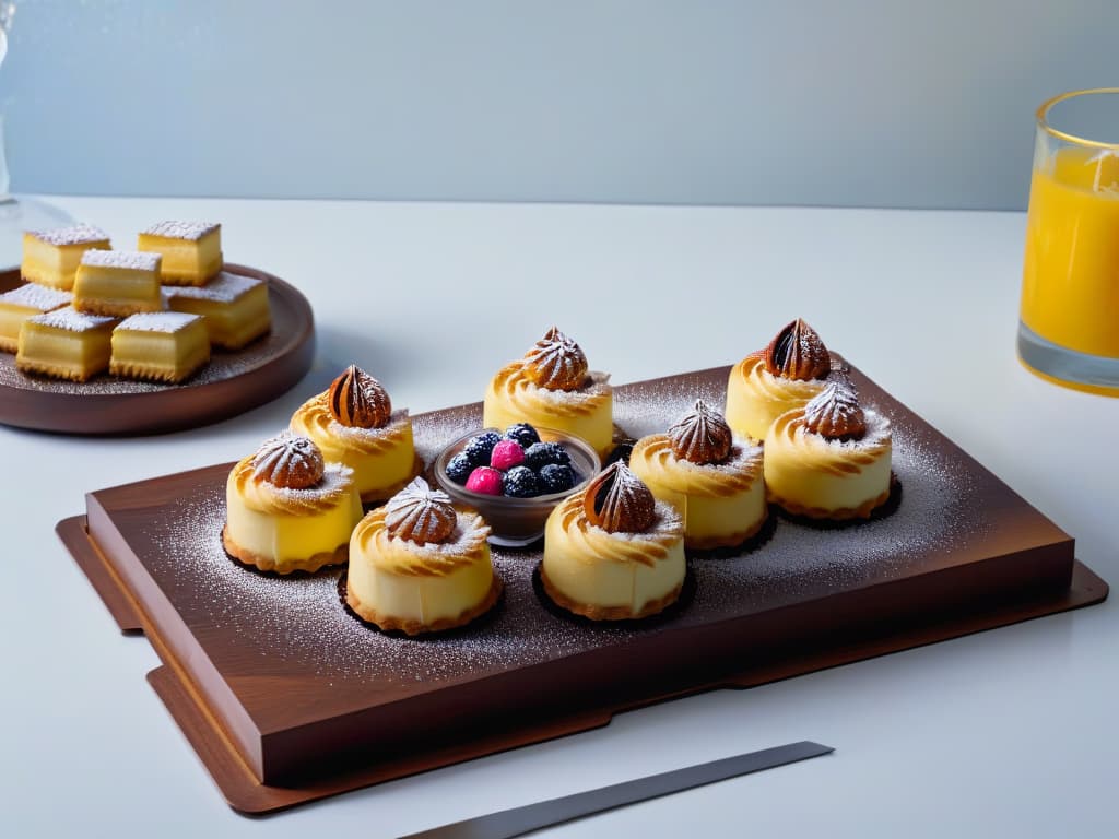  A minimalistic yet visually striking image of a beautifully arranged array of freshly baked pastries and desserts infused with Macadamia Nuts. The shot focuses on the intricate textures and rich colors of the treats, highlighting the glossy sheen of glazes, the delicate flakiness of pastries, and the crunch of the nuts. The composition is clean and elegant, with a soft, diffused lighting that enhances the natural hues of the ingredients. Each dessert is meticulously placed, showcasing the attention to detail and craftsmanship involved in incorporating Macadamia Nuts into these delectable creations. hyperrealistic, full body, detailed clothing, highly detailed, cinematic lighting, stunningly beautiful, intricate, sharp focus, f/1. 8, 85mm, (centered image composition), (professionally color graded), ((bright soft diffused light)), volumetric fog, trending on instagram, trending on tumblr, HDR 4K, 8K