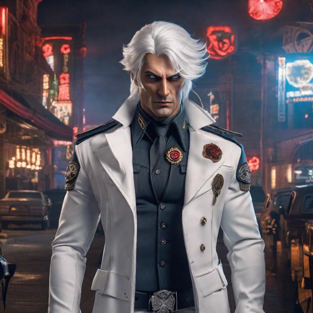  Vampire cop, blue eyes, medium-length white hair, anime style hyperrealistic, full body, detailed clothing, highly detailed, cinematic lighting, stunningly beautiful, intricate, sharp focus, f/1. 8, 85mm, (centered image composition), (professionally color graded), ((bright soft diffused light)), volumetric fog, trending on instagram, trending on tumblr, HDR 4K, 8K