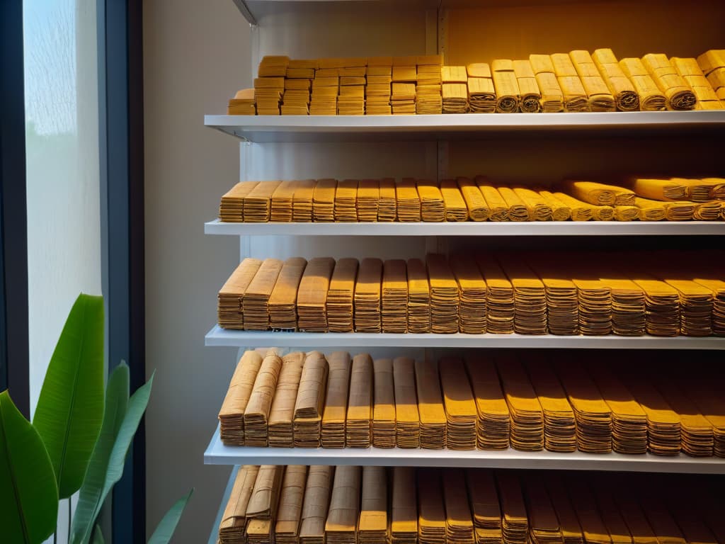  An ultradetailed image of a wooden shelf filled with neatly stacked blocks of panela, each piece wrapped in brown paper with handwritten labels detailing the origin and type of sugar cane used. The warm glow of sunlight filters through a nearby window, casting soft shadows and highlighting the texture of the roughhewn wood. The rustic simplicity of the scene is enhanced by a scattering of dried whole cane leaves and a vintage metal scoop resting on the shelf, evoking a sense of traditional craftsmanship and authentic, highquality ingredients. hyperrealistic, full body, detailed clothing, highly detailed, cinematic lighting, stunningly beautiful, intricate, sharp focus, f/1. 8, 85mm, (centered image composition), (professionally color graded), ((bright soft diffused light)), volumetric fog, trending on instagram, trending on tumblr, HDR 4K, 8K