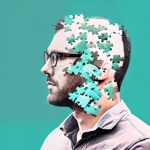 dublex style man wearing glasses, drawing motion on the paper, half colored drawingon the paper, thinking on life inside, looks like puzzle pieces