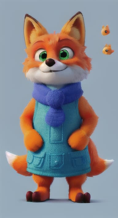  {Error the fox pressing the blue button with his paw, looking puzzled as nothing occurs., Error is a small, bright orange fox with a fluffy tail and big, inquisitive eyes. He has a mischievous yet kind expression and wears a tiny green scarf.