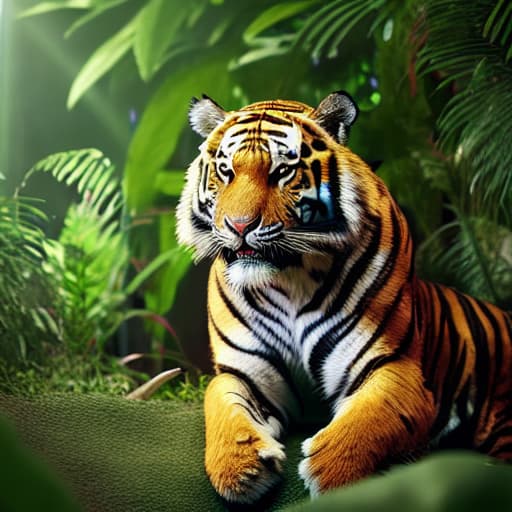  Creates a natural environment tiger in the jungle. highly detailed, vibrant, production cinematic character render, hyper-realistic high-quality model, HDR, 8K, 3d, ultra high quality. "#AlPacifista"