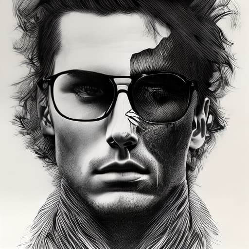 dublex style drawing, b&w, man in glasses, sitting and looking up, nature inside the man, closeup