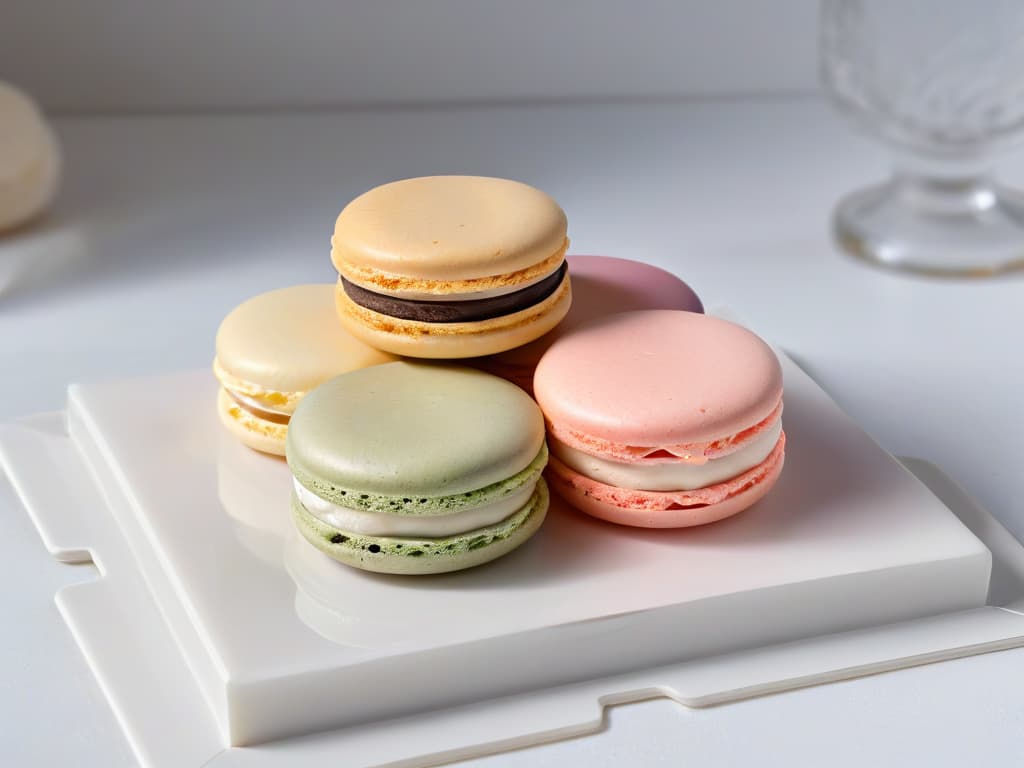  A closeup, ultradetailed image of a single, perfectly crafted macaron resting on a delicate porcelain plate. The macaron features a flawless smooth surface with intricate ridges and a glossy finish, showcasing a gradient of pastel colors blending seamlessly. The plate sits on a pristine marble countertop, with subtle veining adding texture to the background. Light filters through a nearby window, casting soft, elegant shadows that enhance the minimalistic aesthetic of the scene. hyperrealistic, full body, detailed clothing, highly detailed, cinematic lighting, stunningly beautiful, intricate, sharp focus, f/1. 8, 85mm, (centered image composition), (professionally color graded), ((bright soft diffused light)), volumetric fog, trending on instagram, trending on tumblr, HDR 4K, 8K