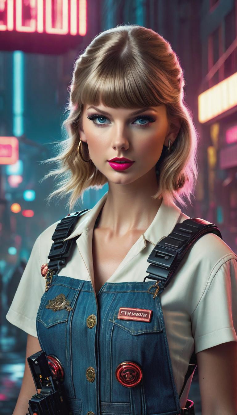  Cyberpunk style depiction of Taylor Swift as a country girl. The scene is set in a world where technology has advanced, but society and human conditions have not, creating a gritty, dystopian atmosphere. hyperrealistic, full body, detailed clothing, highly detailed, cinematic lighting, stunningly beautiful, intricate, sharp focus, f/1. 8, 85mm, (centered image composition), (professionally color graded), ((bright soft diffused light)), volumetric fog, trending on instagram, trending on tumblr, HDR 4K, 8K