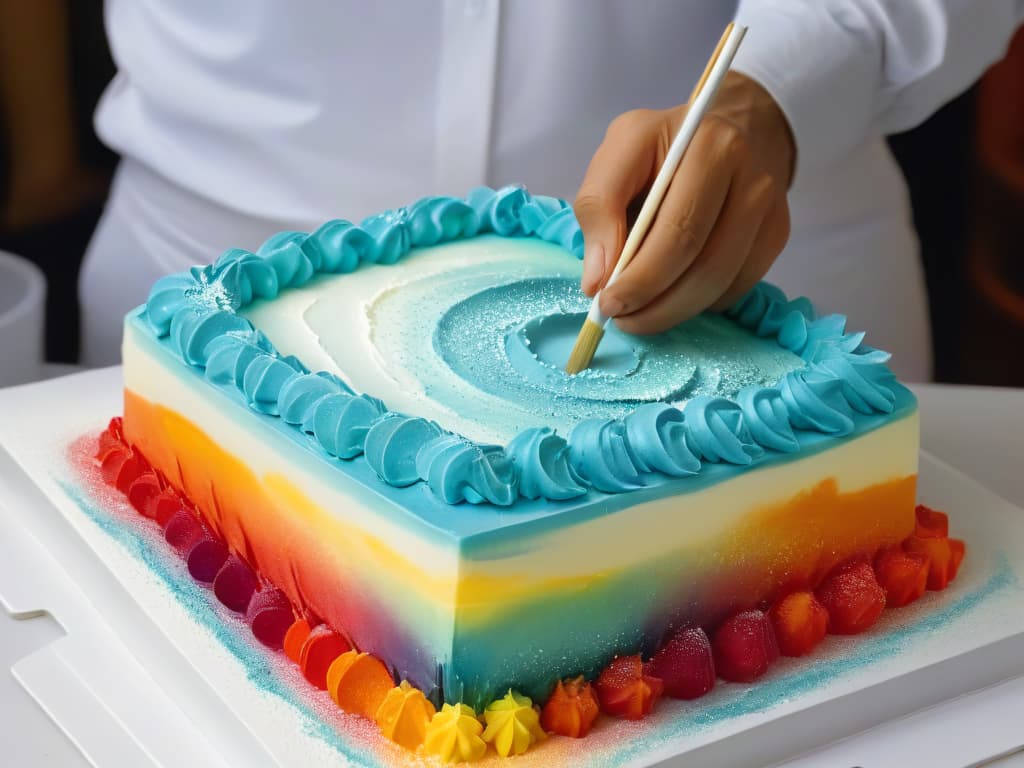  A detailed, ultrahigh resolution image of a pair of skilled hands delicately painting vibrant colors onto a sugar sculpture, showcasing the intricate process of coloring sugar art step by step. The hands belong to an expert sugar artist, and the image captures the precision and artistry involved in bringing the sugar sculpture to life with rich hues. The background is a soft blur, emphasizing the meticulous focus on the colorful details being added to the delicate sugar creation. hyperrealistic, full body, detailed clothing, highly detailed, cinematic lighting, stunningly beautiful, intricate, sharp focus, f/1. 8, 85mm, (centered image composition), (professionally color graded), ((bright soft diffused light)), volumetric fog, trending on instagram, trending on tumblr, HDR 4K, 8K