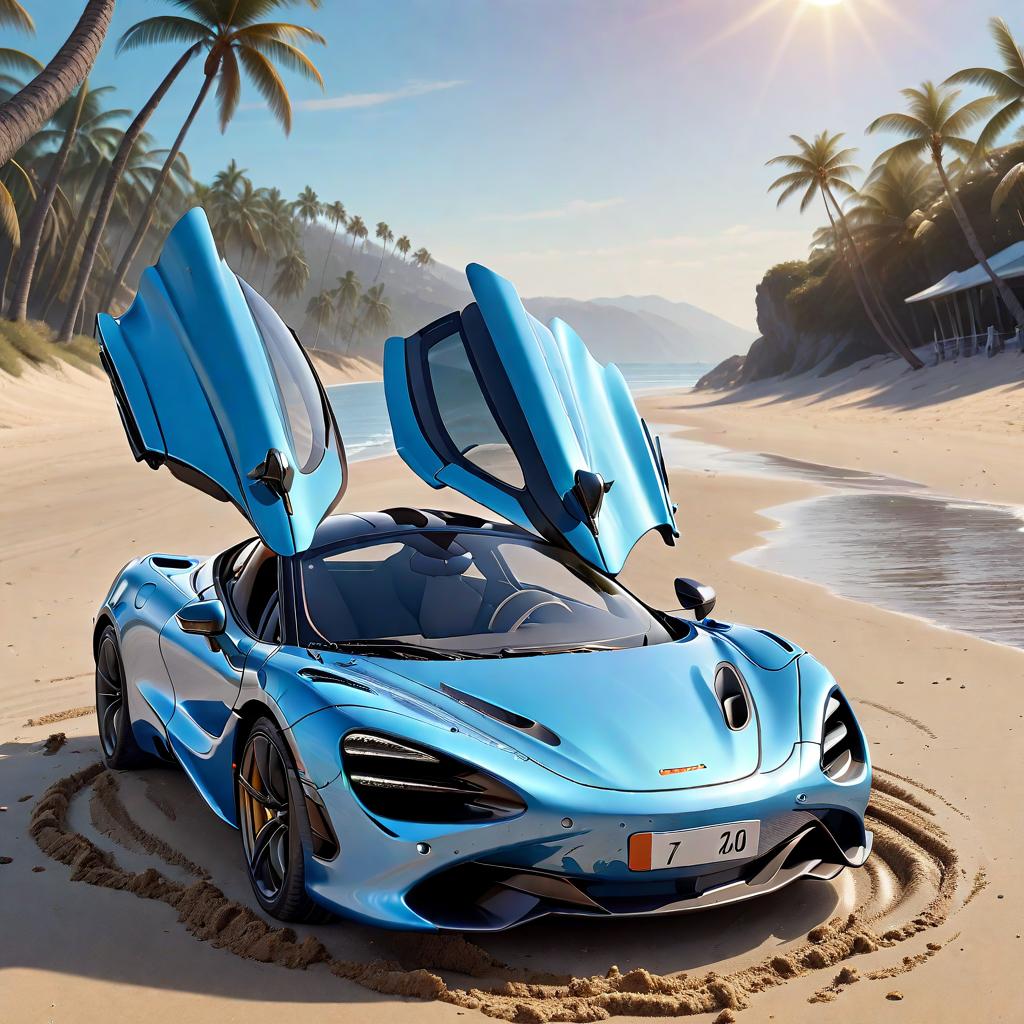  (best quality, masterpiece), (((high detail))), Mclaren 720s light blue in a moment of sea and makes squeaks on the beach And she drives and flips sand and there's strong sun and coconut trees and just make it look cool