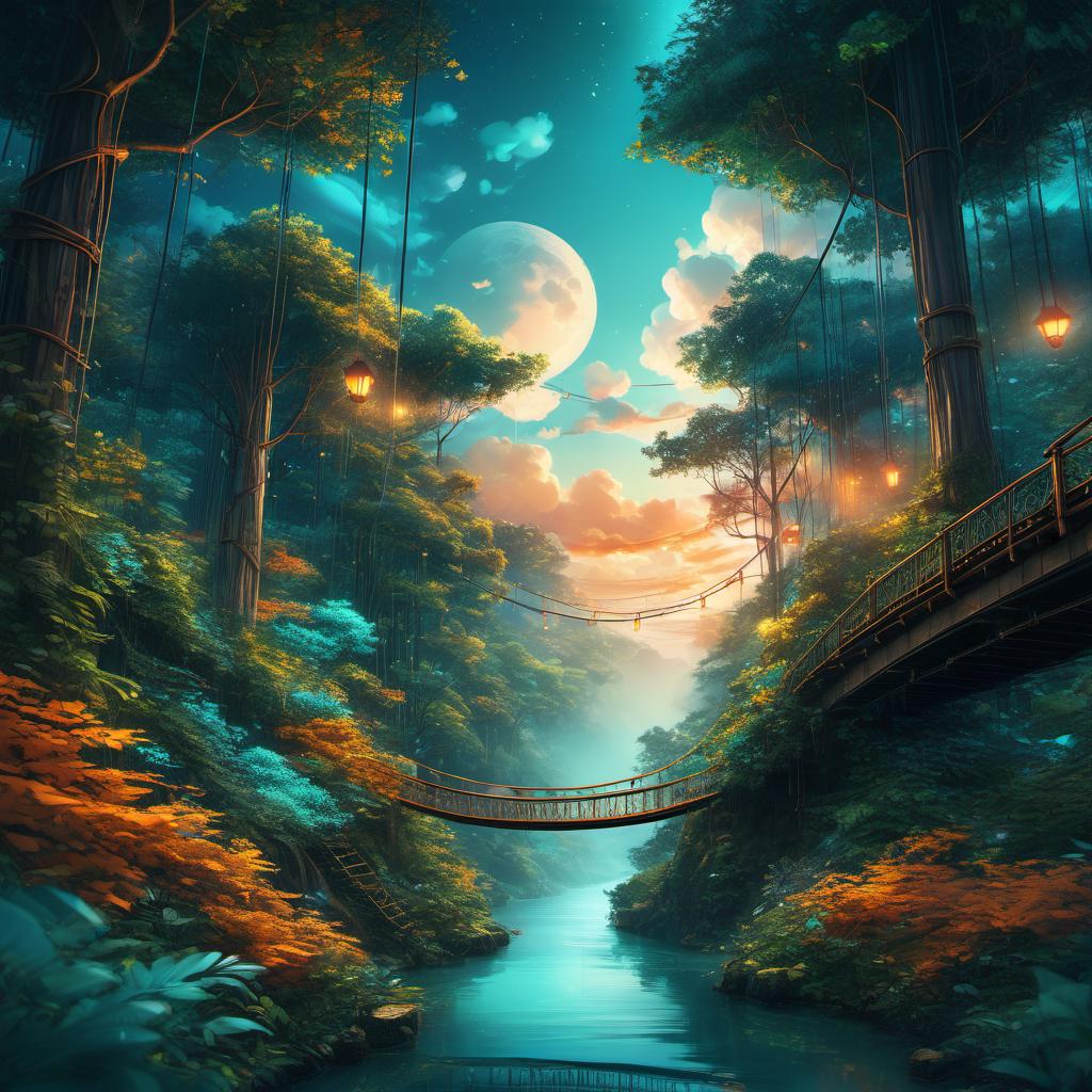  Enchanted Forest with Hanging Bridges, clouds, vivid, highly detailed, anime style, hand-drawn, combined with digital art, night, whimsical, (enchanting atmosphere:1.1), warm lighting , depth of field, Wacom Cintiq, Adobe Photoshop, 300 DPI, (hdr:1.2), (teal and orange:0.5)