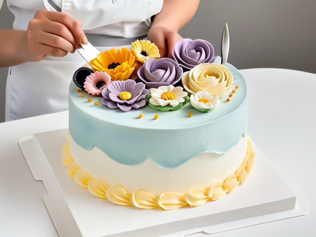  A minimalist image of a skilled pastry chef meticulously crafting an elaborate and intricate cake design, surrounded by simple tools like piping bags and spatulas. The focus is on the chef's hands delicately shaping fondant into detailed flowers, showcasing the artistry and precision required in pastry engineering during challenging times. The color palette is soft pastels against a clean, white background, emphasizing the elegance and sophistication of the dessert creation process. hyperrealistic, full body, detailed clothing, highly detailed, cinematic lighting, stunningly beautiful, intricate, sharp focus, f/1. 8, 85mm, (centered image composition), (professionally color graded), ((bright soft diffused light)), volumetric fog, trending on instagram, trending on tumblr, HDR 4K, 8K