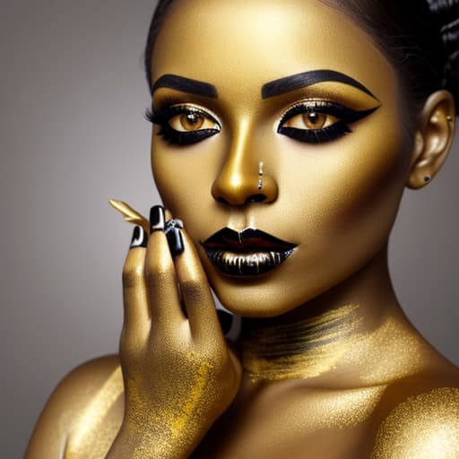  Beauty woman painted black skin color body art gold makeup lips eyelids fingertips nails gold color paint professional gold makeup