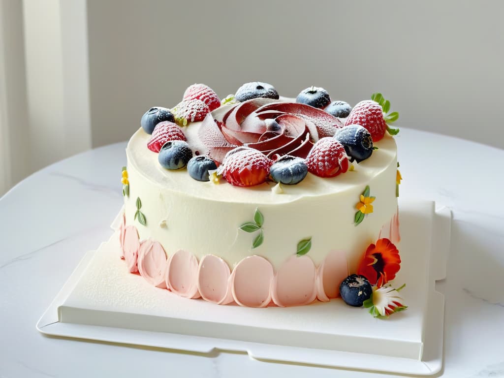  A minimalistic and elegant image of a beautifully decorated vegan cake, featuring intricate piped frosting swirls in pastel colors, adorned with fresh berries and edible flowers, set on a sleek white cake stand against a softfocus background of a modern kitchen with marble countertops and natural light streaming in through a window. hyperrealistic, full body, detailed clothing, highly detailed, cinematic lighting, stunningly beautiful, intricate, sharp focus, f/1. 8, 85mm, (centered image composition), (professionally color graded), ((bright soft diffused light)), volumetric fog, trending on instagram, trending on tumblr, HDR 4K, 8K