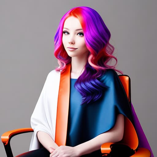  Woman with a salon cape on sitting in a chair facing the camera hair down colorful hair