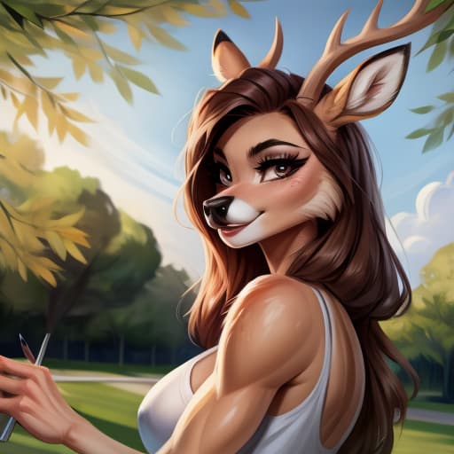  Deer, , gles, johnfoxart, park, best quality, (:1.5), piercing, brown hair, , open eyes, digital art, masterpiece, 4k, fine details,