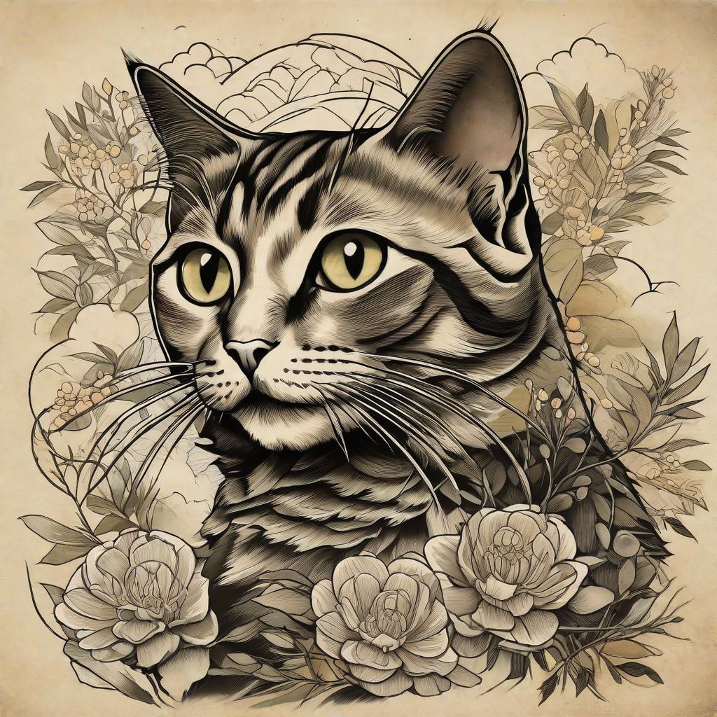  masterpiece, best quality, a tattoo of a olive tabby cat in japanese style