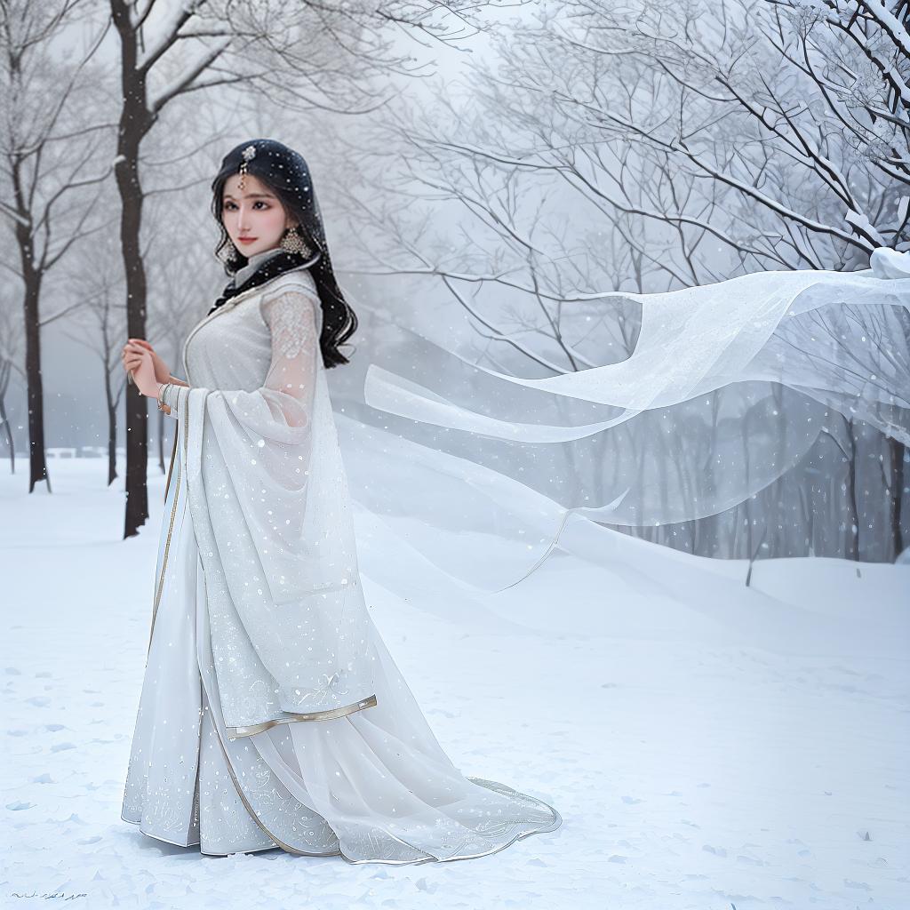  masterpiece, best quality, Ayeza Khan stands confidently in the midst of a serene snowfall, her bare shoulders illuminated by the soft glow of falling snowflakes. The wintry landscape stretches out before her, with snow-covered trees and glistening white fields creating a picturesque backdrop. The chilly air adds a sense of crispness to the scene, contrasting with Ayeza's warmth and elegance. The photograph captures a moment of quiet beauty and strength, as Ayeza embraces the cold with grace. The style of the image is ethereal and dreamlike, with a touch of modern sophistication. The realization of this photograph could be achieved using a high-quality digital camera with a shallow depth of field, resulting in a sharp focus on Ayeza and a g