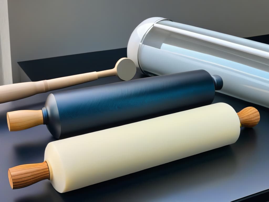  A closeup, ultradetailed image of three different types of rolling pins side by side on a sleek, minimalist matte black surface. The first rolling pin is crafted from smooth, lightcolored wood with intricate grain patterns, the second is a luxurious white marble rolling pin with subtle grey veining, and the third is a modern, sleek silicone rolling pin in a vibrant pop of color. Each rolling pin is impeccably designed, highlighting the unique characteristics of its material, inviting the viewer to explore the article further to discover the ideal rolling pin for their baking adventures. hyperrealistic, full body, detailed clothing, highly detailed, cinematic lighting, stunningly beautiful, intricate, sharp focus, f/1. 8, 85mm, (centered image composition), (professionally color graded), ((bright soft diffused light)), volumetric fog, trending on instagram, trending on tumblr, HDR 4K, 8K