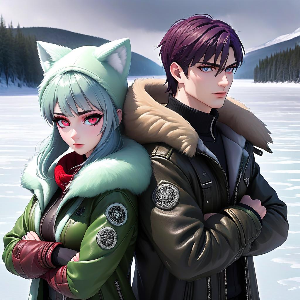  dystopian style The brother and sister are standing back to back on a frozen lake. The brother has dark hair, pale skin, heterochromia one green and one grey eye, wearing a fur coat and hood. The sister has lavender hair, fair skin, red pupils, scarlet marks from animal bites on her hands, wearing a leather jacket down to her elbows. This is a translation of the user prompt "Брат с сестрой стоят спиной к друг другу на замёрзшем озере. У брата тёмные волосы, бледная кожа, гетерохромия зелёный и серый глаз, одет в меховую шубу и капюшон. У сестры лиловые волосы, светлая кожа, к hyperrealistic, full body, detailed clothing, highly detailed, cinematic lighting, stunningly beautiful, intricate, sharp focus, f/1. 8, 85mm, (centered image composition), (professionally color graded), ((bright soft diffused light)), volumetric fog, trending on instagram, trending on tumblr, HDR 4K, 8K