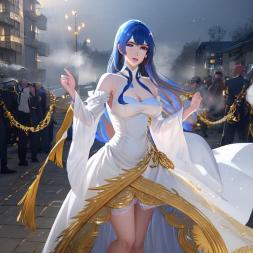  a girl manhua character with royal blue hair and golden eyes with white skin wearing noble dress hyperrealistic, full body, detailed clothing, highly detailed, cinematic lighting, stunningly beautiful, intricate, sharp focus, f/1. 8, 85mm, (centered image composition), (professionally color graded), ((bright soft diffused light)), volumetric fog, trending on instagram, trending on tumblr, HDR 4K, 8K