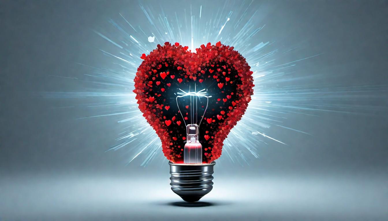  digital illustration A light bulb with a heart glowing inside, surrounded by digital elements, blending human warmth with technological innovation, insightful solutions looking at viewer, dynamic pose, (intricate details, masterpiece, best quality)