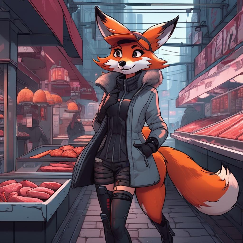  a fox girl with a human face, fox ears and tail, in cyberpunk, walks through a futuristic city in winter, looks at meat in a butcher shop, street butcher shop, walks through a futuristic city in winter, stands next to a street butcher shop, fresh meat on the counter