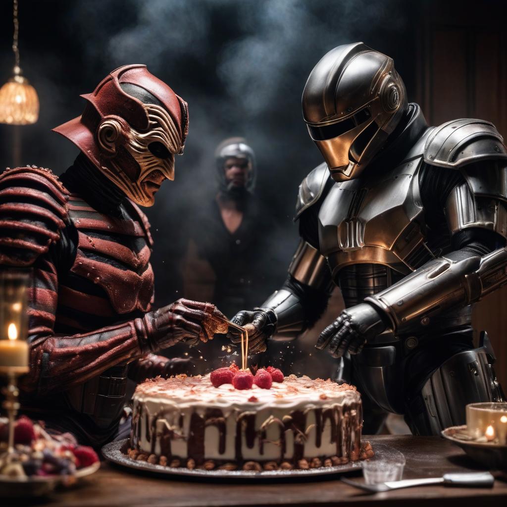  Freddy Krueger is cutting a cake, Robocop is opening champagne. hyperrealistic, full body, detailed clothing, highly detailed, cinematic lighting, stunningly beautiful, intricate, sharp focus, f/1. 8, 85mm, (centered image composition), (professionally color graded), ((bright soft diffused light)), volumetric fog, trending on instagram, trending on tumblr, HDR 4K, 8K