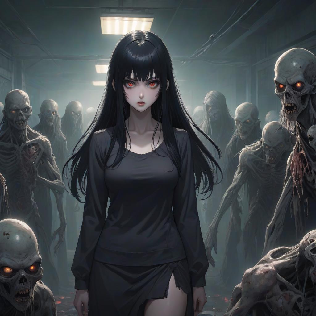  a woman with long black hair standing in front of a group of zombies, inspired by Junji Ito, trending on pixiv, serial art, with a dark fringe, guweiz, with black sclera eyes, ghost room hyperrealistic, full body, detailed clothing, highly detailed, cinematic lighting, stunningly beautiful, intricate, sharp focus, f/1. 8, 85mm, (centered image composition), (professionally color graded), ((bright soft diffused light)), volumetric fog, trending on instagram, trending on tumblr, HDR 4K, 8K