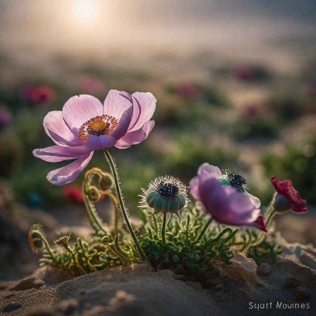  Anemone flower in gaza hyperrealistic, full body, detailed clothing, highly detailed, cinematic lighting, stunningly beautiful, intricate, sharp focus, f/1. 8, 85mm, (centered image composition), (professionally color graded), ((bright soft diffused light)), volumetric fog, trending on instagram, trending on tumblr, HDR 4K, 8K