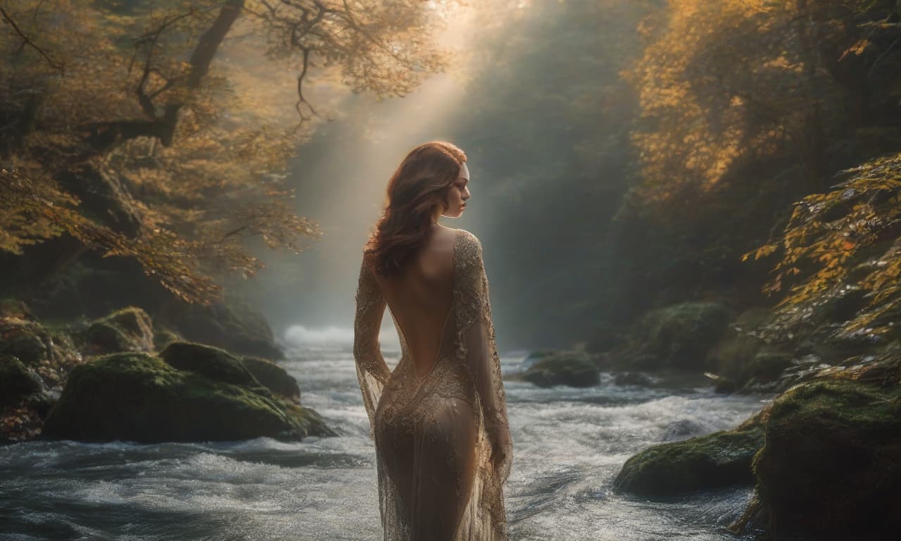  Naiad on the bottom and rising. In the middle of the right half of the picture. The bottom is misty. hyperrealistic, full body, detailed clothing, highly detailed, cinematic lighting, stunningly beautiful, intricate, sharp focus, f/1. 8, 85mm, (centered image composition), (professionally color graded), ((bright soft diffused light)), volumetric fog, trending on instagram, trending on tumblr, HDR 4K, 8K