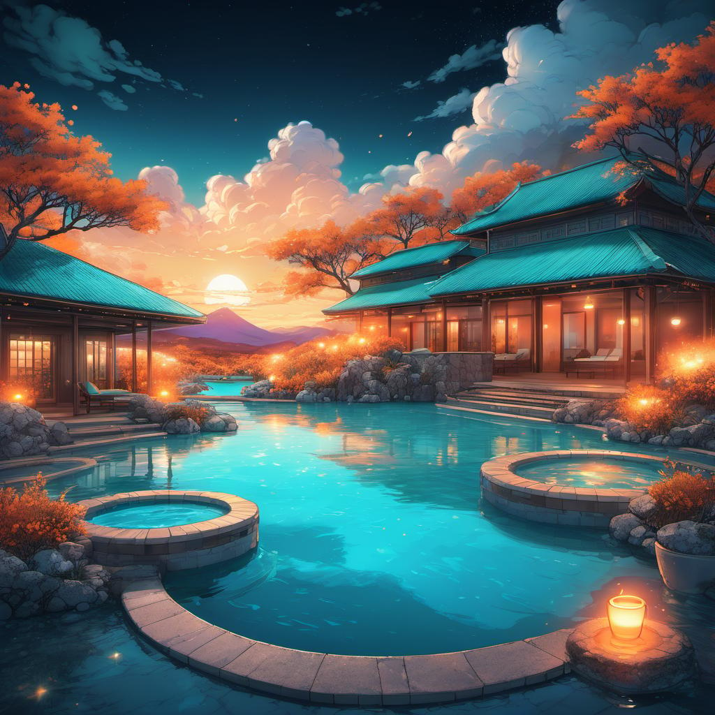  Hot Springs, Thermal Pools, clouds, vivid, highly detailed, anime style, hand-drawn, combined with digital art, night, whimsical, (enchanting atmosphere:1.1), warm lighting , depth of field, Wacom Cintiq, Adobe Photoshop, 300 DPI, (hdr:1.2), teal and orange