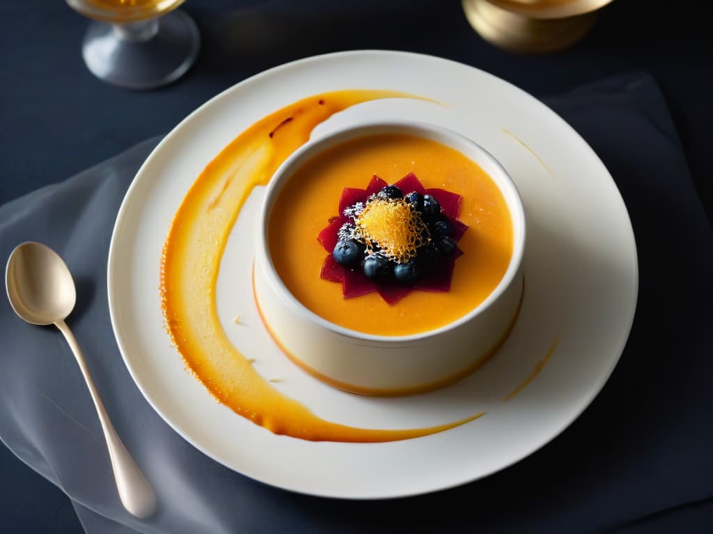  An 8k ultradetailed image of a delicate, intricate saffroninfused creme brulee, perfectly caramelized on top with a hint of saffron threads delicately sprinkled on the golden surface. The dessert is presented on a simple, elegant white plate, set against a dark, minimalist background that enhances the vibrant colors of the saffroninfused treat. hyperrealistic, full body, detailed clothing, highly detailed, cinematic lighting, stunningly beautiful, intricate, sharp focus, f/1. 8, 85mm, (centered image composition), (professionally color graded), ((bright soft diffused light)), volumetric fog, trending on instagram, trending on tumblr, HDR 4K, 8K