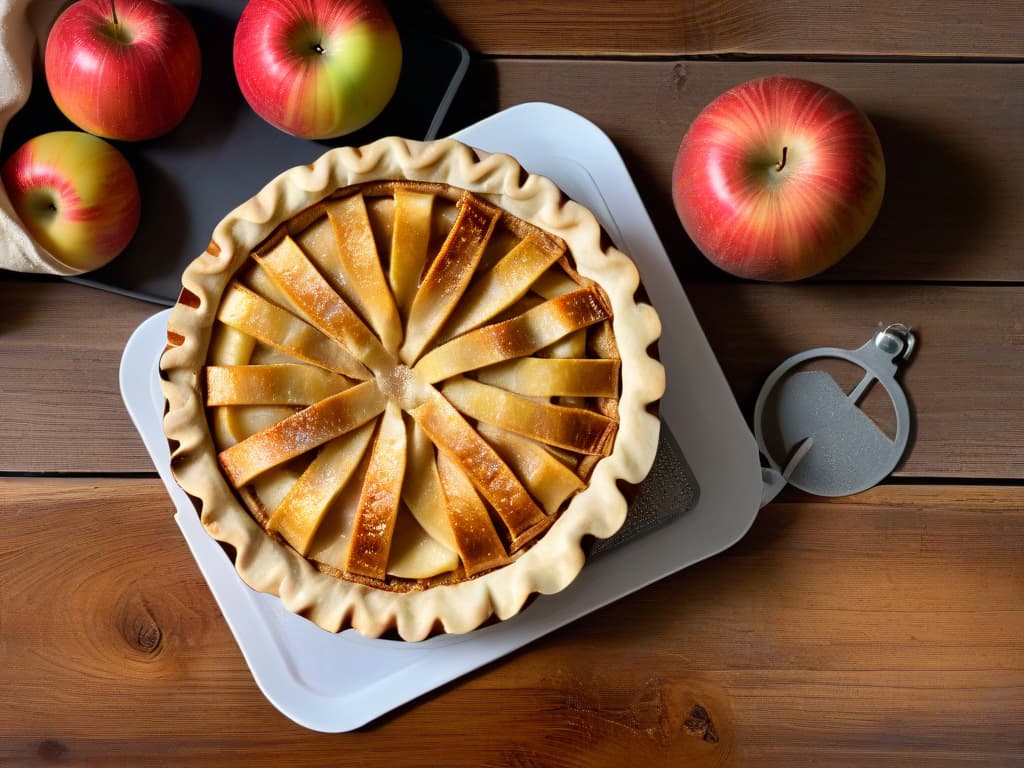  A minimalistic image of a freshly baked apple pie sitting on a rustic wooden table, dusted with a light sprinkle of cinnamon and surrounded by a few whole apples and a vintage pie cutter. The golden crust is perfectly flaky and the apple filling is visible, oozing out slightly from the lattice top. The lighting is soft and natural, casting a warm glow over the scene, creating a cozy and inviting atmosphere. hyperrealistic, full body, detailed clothing, highly detailed, cinematic lighting, stunningly beautiful, intricate, sharp focus, f/1. 8, 85mm, (centered image composition), (professionally color graded), ((bright soft diffused light)), volumetric fog, trending on instagram, trending on tumblr, HDR 4K, 8K