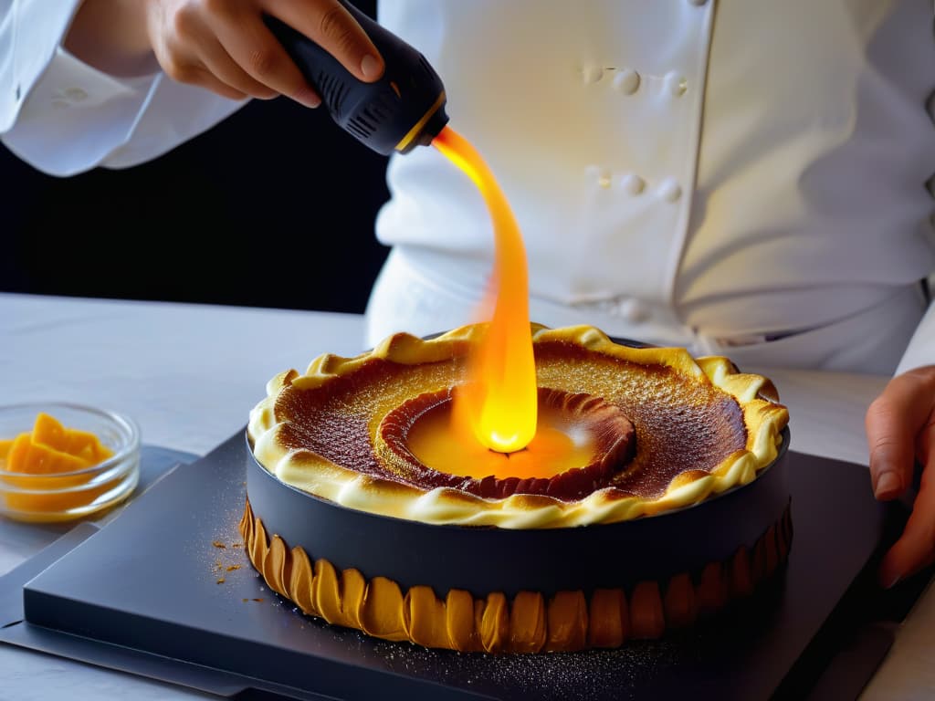  A closeup, ultradetailed image of a skilled pastry chef using a precision heat gun to caramelize the top of a perfectly torched crème brûlée. The chef's hands, covered in a white chef's glove, delicately hold the heat gun as the intense flame dances over the sugary surface, creating a mesmerizing display of golden caramelization. The vibrant colors and intricate details of the dessert and the process are captured with stunning clarity, showcasing the artistry and precision involved in using heat guns for pastry creations. hyperrealistic, full body, detailed clothing, highly detailed, cinematic lighting, stunningly beautiful, intricate, sharp focus, f/1. 8, 85mm, (centered image composition), (professionally color graded), ((bright soft diffused light)), volumetric fog, trending on instagram, trending on tumblr, HDR 4K, 8K