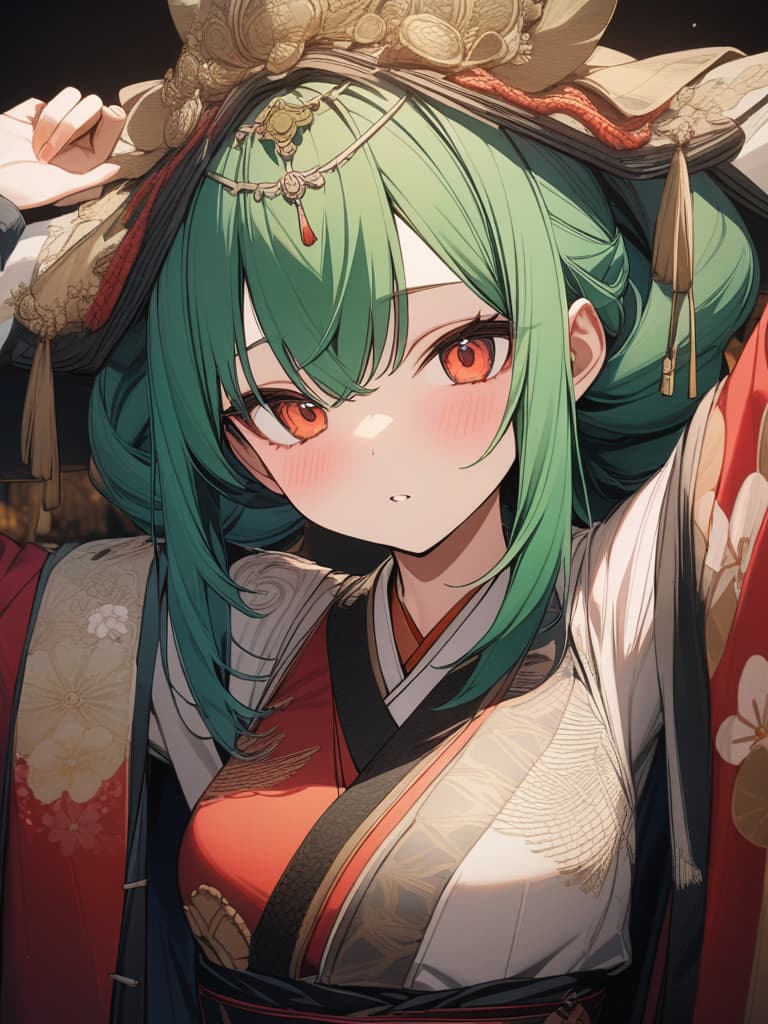  Oiran wearing a green haired character in kimono, a high ranking one who is a prostitute of Yoshiwara Yukaku, masterpiece, best quality,8k,ultra detailed,high resolution,an extremely delicate and beautiful,hyper detail