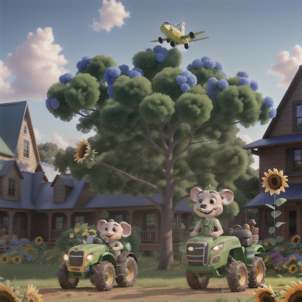  A cartoon elephant riding on a John Deere tractor and holding a mason jar with sunflowers and blue carnations while looking at a airplane in the sky hyperrealistic, full body, detailed clothing, highly detailed, cinematic lighting, stunningly beautiful, intricate, sharp focus, f/1. 8, 85mm, (centered image composition), (professionally color graded), ((bright soft diffused light)), volumetric fog, trending on instagram, trending on tumblr, HDR 4K, 8K