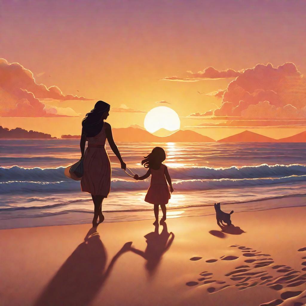  "Create a sweet, -friendly image celeting the end of a cherished adventure. The scene takes place on a tranquil beach at sunset, casting beautiful warm hues across the landscape. In the foreground, there is a young and their mother, characterized by their soft, non-specific, anime-style features. They are holding hands, facing the sea, and their footprints can be seen in the sand behind them, symbolizing the path they've traveled together on their island adventure. They are carrying a miniature, rustic treasure between them, a symbol of the lessons they've learned. In the distance, there's their tiny rustic home, a sign that they're nearly back to their everyday life after the adventure. Around them are cute and colorful hyperrealistic, full body, detailed clothing, highly detailed, cinematic lighting, stunningly beautiful, intricate, sharp focus, f/1. 8, 85mm, (centered image composition), (professionally color graded), ((bright soft diffused light)), volumetric fog, trending on instagram, trending on tumblr, HDR 4K, 8K