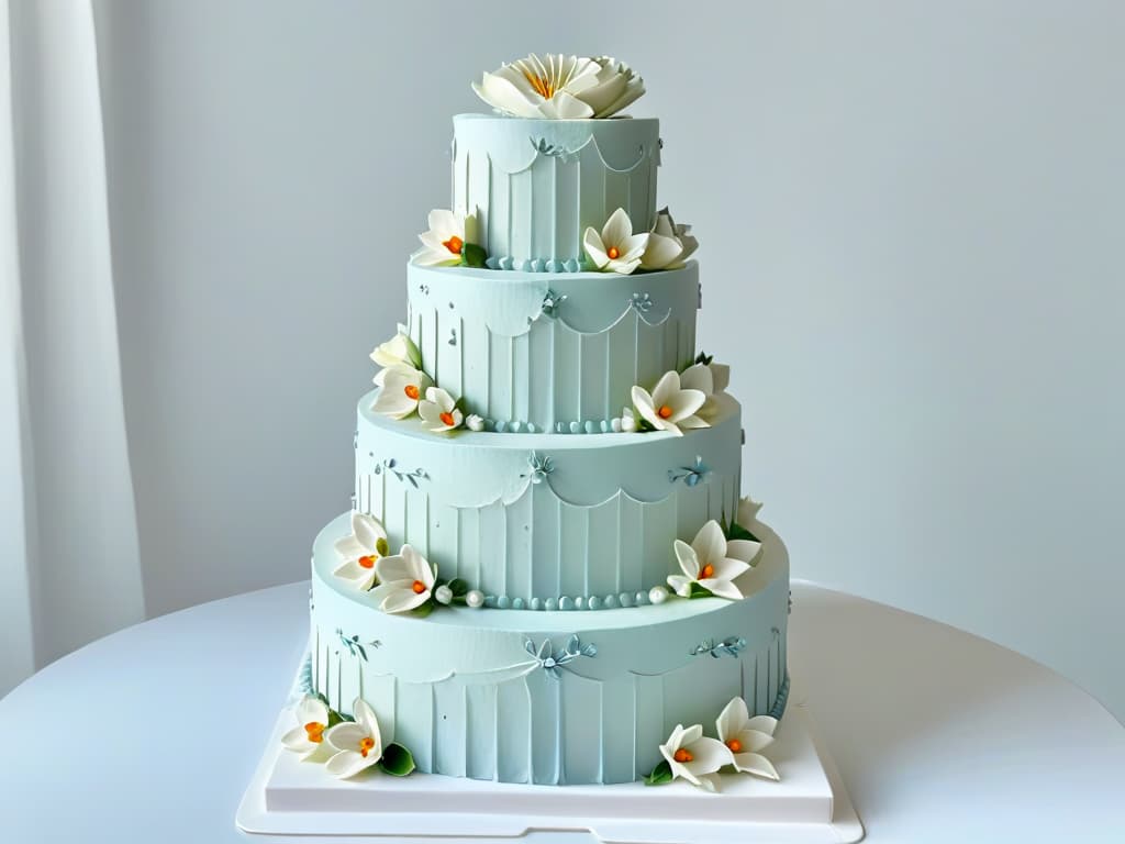  An 8k ultradetailed image of a multitiered wedding cake, elegantly decorated with intricate sugar flowers in soft pastel colors, set against a clean white background. The cake is perfectly symmetrical, with each tier adorned with delicate piping and edible pearls, creating a sense of timeless elegance and sophistication. The lighting is expertly balanced, highlighting the intricate details of the cake and casting subtle shadows to add depth to the image. hyperrealistic, full body, detailed clothing, highly detailed, cinematic lighting, stunningly beautiful, intricate, sharp focus, f/1. 8, 85mm, (centered image composition), (professionally color graded), ((bright soft diffused light)), volumetric fog, trending on instagram, trending on tumblr, HDR 4K, 8K