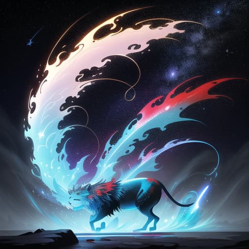  A mesmerizing blend of dragon and lion, ethereal and shimmering, embodies a perfect balance of contrasting elements. The stars and liquid within them create a cosmic effect, enhancing the vivid saturation of black and white hues cast in a stunning display of blue and red. Splatter and splash accents add depth, while bioluminescent touches provide an otherworldly glow. This image, whether a painting or digital artwork, exudes exquisite detail and expert craftsmanship, guaranteeing to captivate any viewer with its enchanting beauty., Comic art, high quality, highly detailed, intricate, sharp focus, (centered image composition), (professionally color graded), ((western omit style)), volumetric fog, trending on instagram, HDR 4K, 8K