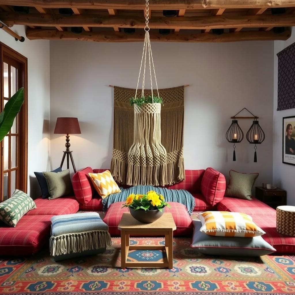  cozy boho living room set for entertaining, featuring a large vintage style rug, low seating with colorful cushions, and an eclectic mix of textures. include hanging macramé plants, playful decorative throw pillows, and warm ambient lighting from lanterns and candles. capture an inviting atmosphere perfect for gatherings.,