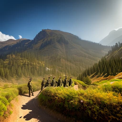 redshift style Indian Army marching in mountains close up view hyperrealistic, full body, detailed clothing, highly detailed, cinematic lighting, stunningly beautiful, intricate, sharp focus, f/1. 8, 85mm, (centered image composition), (professionally color graded), ((bright soft diffused light)), volumetric fog, trending on instagram, trending on tumblr, HDR 4K, 8K