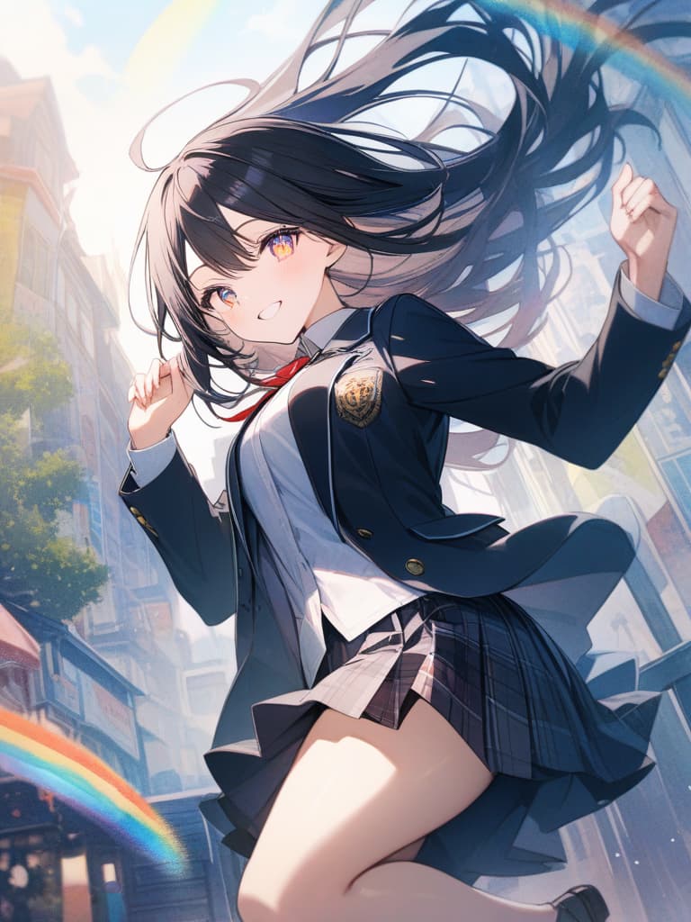  Girls, long hair, black hair, watercolor painting, jumping, whole body, school uniform, blazer, rainbow eye, smile, star, masterpiece, best quality,8k,ultra detailed,high resolution,an extremely delicate and beautiful,hyper detail